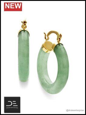 Natural Jade Hoop Earrings, 10K Yellow Gold